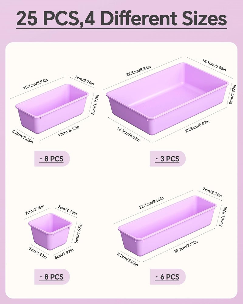 KEMETHY 25 PCS Plastic Drawer Organizers Set, 4 Sizes Vanity Organizer, Makeup and Desk Drawer Organizer Trays, Organization and Storage for Makeup, Bathroom, Kitchen Utensils and Office (Purple) - Image 2